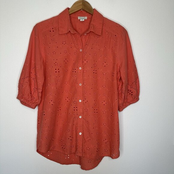 Sundance Corsica Eyelet Puff Sleeve Top XS Coral Button Up Cotton - Picture 1 of 11
